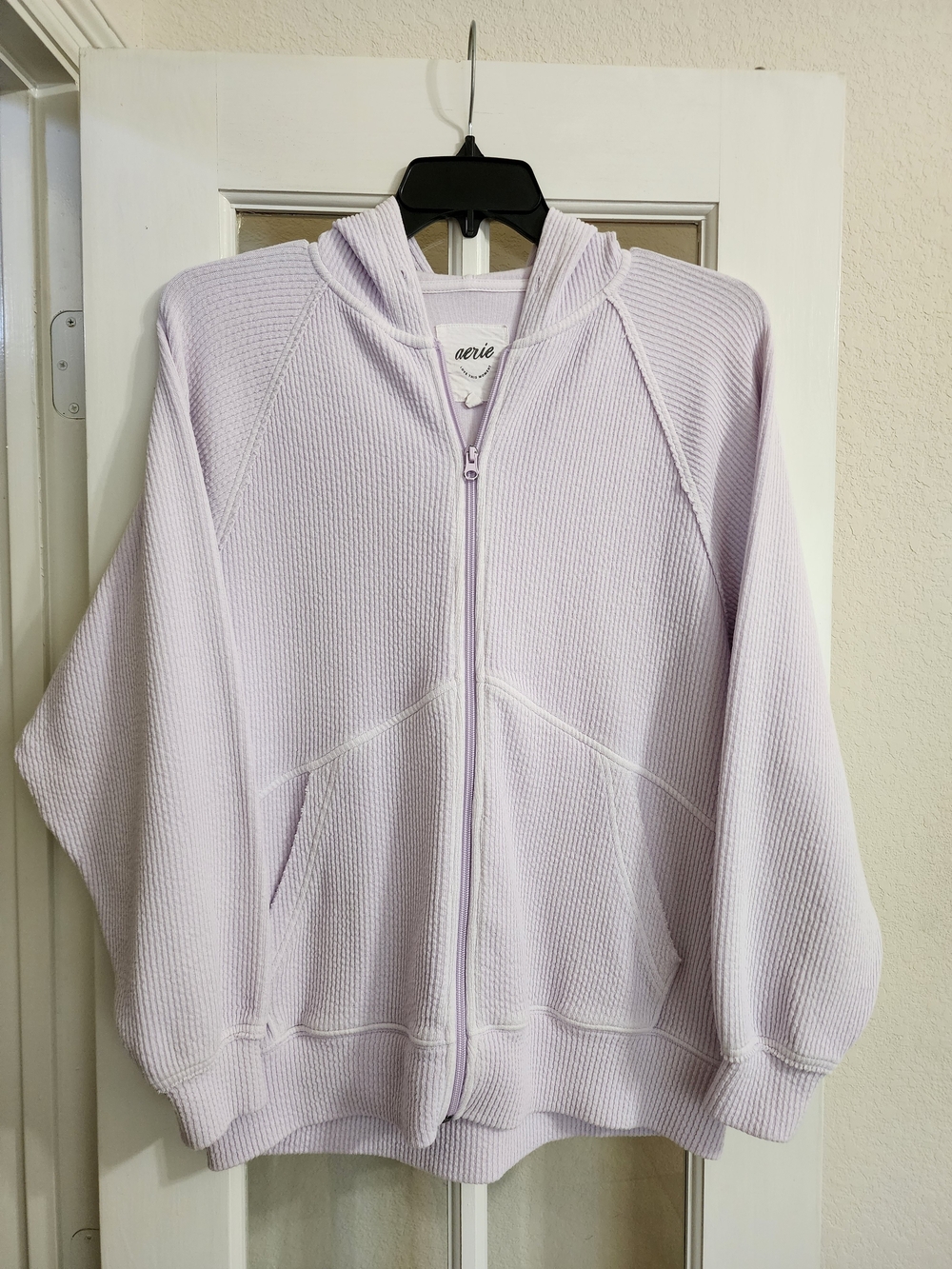 Aerie Textured Rib Knit Zip Hoodie Lavender XS Cozy Oversized